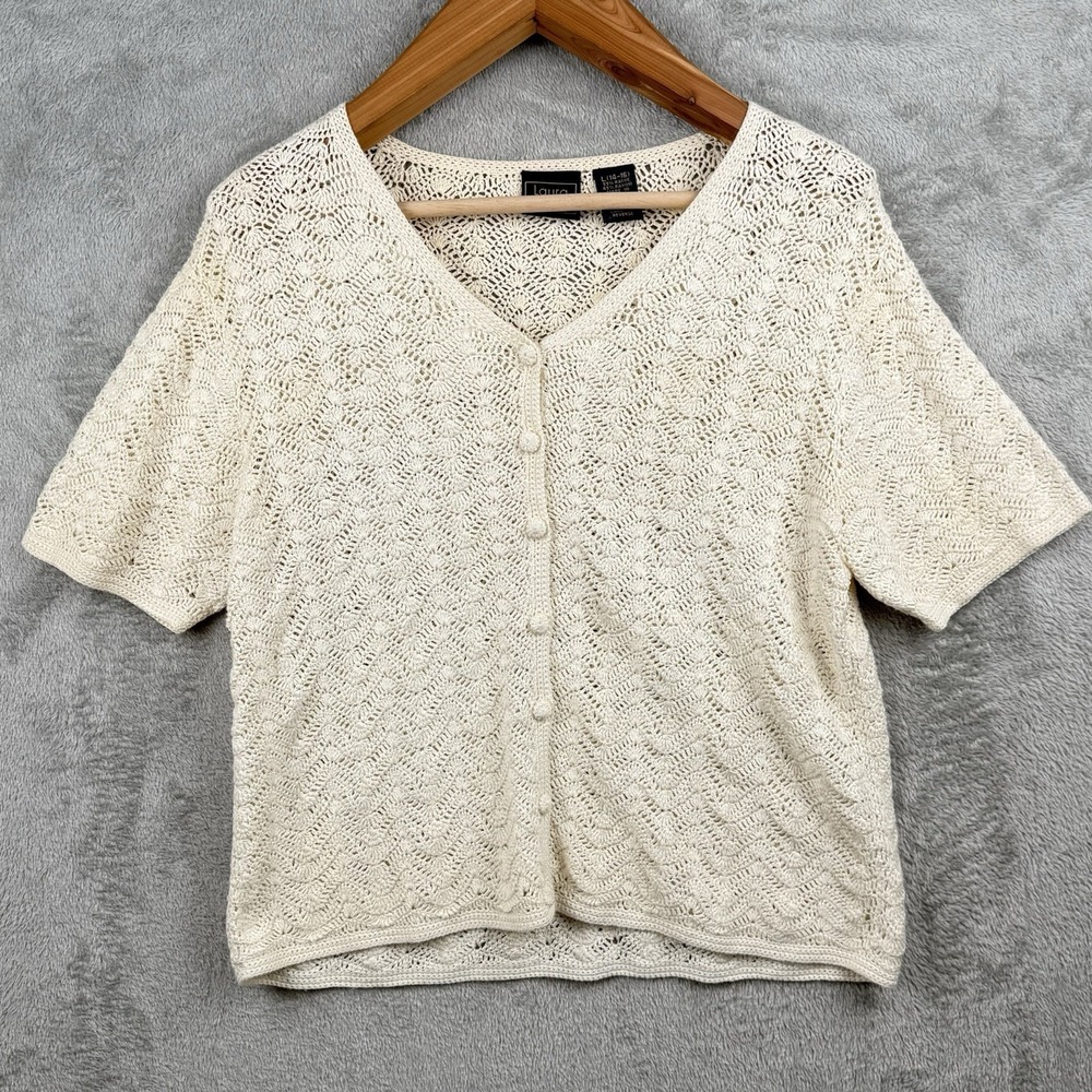 Laura‎ Scott Crochet Lace Button Up Top Blouse Womens L Cream Cottagecore 15099